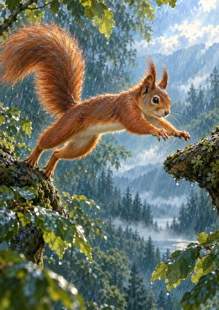 A russet squirrel leaps between mossy, rain-darkened branches, its bushy tail arcing behind it against misty blue-green forest foliage.