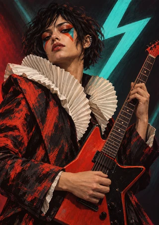 Theatrical musician with geometric face makeup holding a red-and-black electric guitar beneath turquoise lightning.