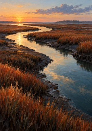 A winding reflective channel cuts through rust-colored salt-marsh reeds and dark mudflats beneath an apricot sunrise.