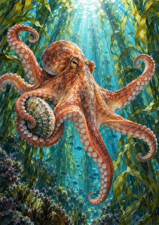 A mottled copper octopus with visible pale suckers drifts among sunlit jade kelp, holding a patterned shell among its curled arms.