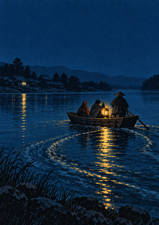 A small wooden ferry with three silhouetted passengers crosses a dark river beneath a glowing amber lantern, with distant riverside lights.