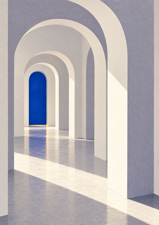 Pale overlapping arches recede toward a cobalt-blue doorway as sunlight falls across a lavender-gray floor.