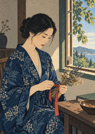 Adult woman in an indigo patterned robe tying a red ribbon around dried flowers beside an open leafy window.
