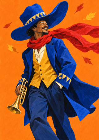 A smiling street musician in a large cobalt-blue hat and coat holds a brass trumpet as a red scarf streams to the right against orange.