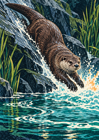 Brown river otter sliding down wet rocks into a turquoise foaming pool between reeds.