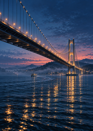 An illuminated suspension bridge spans a twilight harbor above a small ferry, with amber reflections on dark water and a rose-violet horizon.