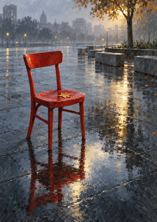 A red chair with a yellow leaf on its seat stands on reflective wet paving, with stone benches and a warmly lit tree behind it.