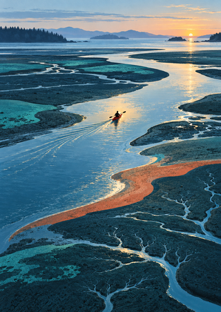 A small red kayak crosses a winding dawn inlet between dark teal tidal flats and a coral sandbar.
