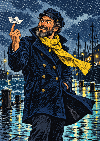 Bearded captain in a navy coat and yellow scarf balancing a paper boat on one fingertip in a rainy harbor.