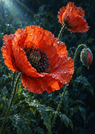 Red-orange poppies with rain droplets and wet leaves glow in a shaft of cool light against dark teal garden foliage.