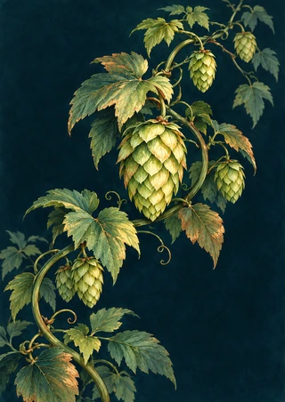 Climbing hop vine with lobed green leaves and layered pendant cones against a dark teal background.