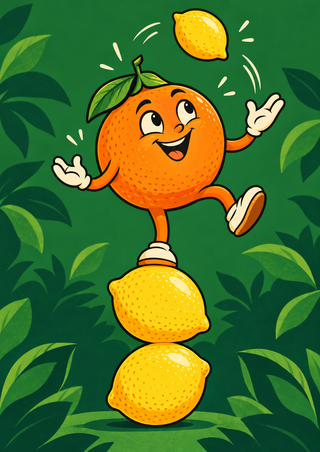 Smiling orange in a leafy cap balances above two lemons as another lemon floats over a leafy green background.