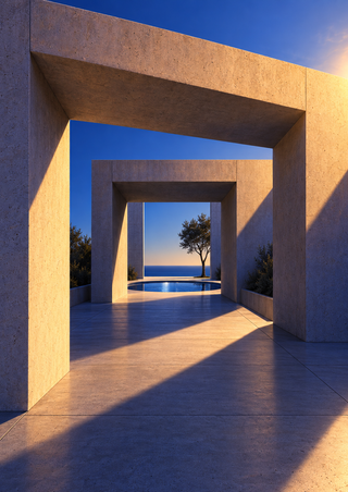 Nested concrete portals framing a small tree, circular courtyard pool, long shadows, and a deep blue distant view.