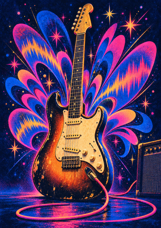Upright electric guitar surrounded by colorful sound-wave petals and starbursts, with a looping cable and small amplifier.