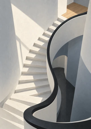 White staircase winding around a dark atrium void beneath a curved charcoal handrail, with a small wood landing and a patch of sunlight.