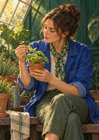 An adult woman in a cobalt jacket and patterned green scarf tends a leafy herb in a terracotta pot inside a greenhouse.