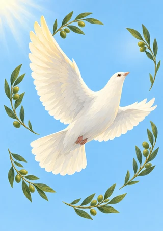 White dove flying upward with spread wings inside an oval arrangement of olive branches and green olives against pale blue sky.