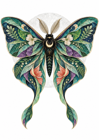 A centered moth with jewel-toned patterned wings, long curved tails, feathery antennae, and a pale gray halo on white.