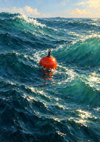 Small vermilion buoy bobbing amid broad blue-green waves, white foam, and a pale cloudy sky.