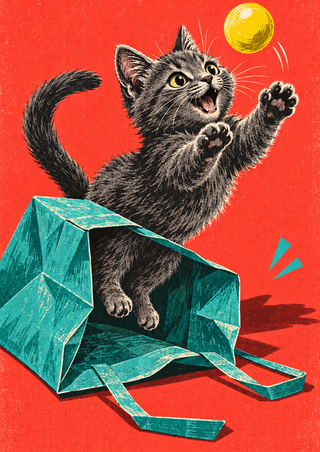 A charcoal-gray kitten jumps from an open teal paper bag toward a yellow ball against a coral-red background.