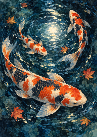 Three patterned koi circle a bright reflection in dark teal water among floating orange-red maple leaves.