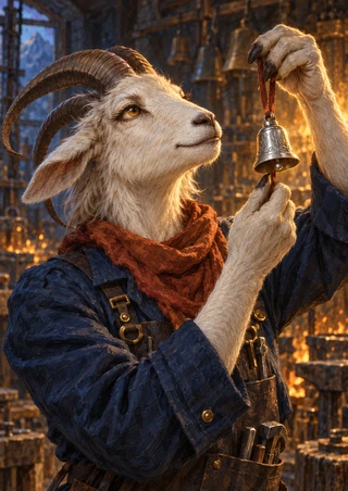 A mountain goat artisan in a blue work coat and rust-red scarf looks toward a raised silver bell on a ribbon.