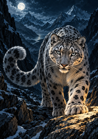 Snow leopard with a curled tail stepping onto a lit rock ledge in a rocky mountain passage beneath a full moon.