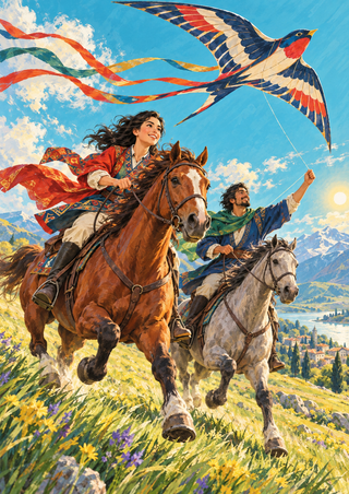 Two riders on horseback cross a flowered hillside beneath a large swallow-shaped kite with streaming ribbons.