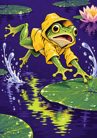 A green frog in a yellow raincoat leaps toward a lily pad over a violet pond with droplets and a pink flower.