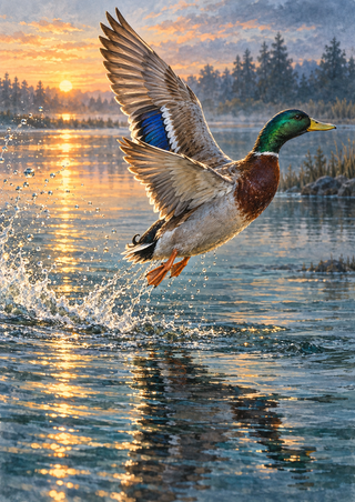 Male mallard with wings spread rises from a reflective pond at dawn as water splashes beneath it.