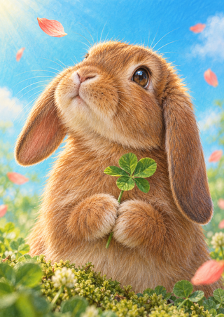 Cinnamon-brown lop rabbit holds a green clover sprig and looks upward among coral petals against a bright blue background.