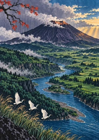 Blue river winding through green terraces beneath a volcanic mountain, with three white birds rising from reeds and a red-leaved branch.