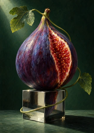 Upright purple fig split to show ruby-red flesh and seeds, with a curling vine on a reflective cube against dark green.