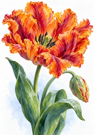 Open ruffled orange-and-magenta parrot tulip with a closed bud, broad green leaves and small water droplets.