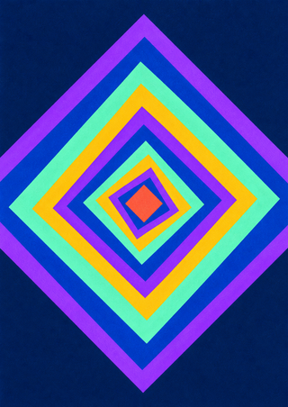Nested colorful diamond bands create an optical tunnel with a coral center on a deep blue background.