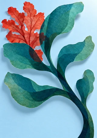 Layered teal kelp-like frond and smaller red veined leafy form against a pale blue background.