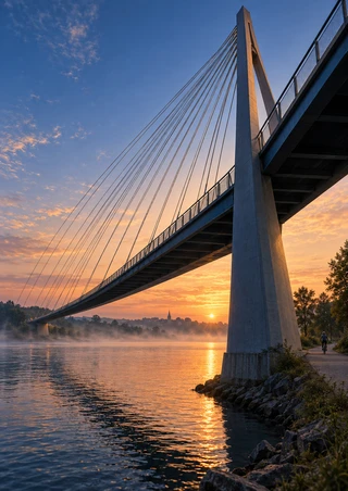 Cable-stayed bridge with a tall pylon and sweeping cables over a misty river at dawn.