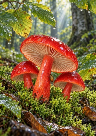 Three red-orange mushrooms with pale gills rise from moss among wet leaves and droplets, with a small amber beetle on the central stem.