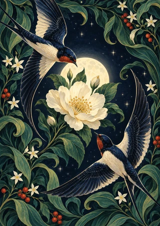Two swallows flying around a pale flower beneath a full moon, surrounded by curling leaves and berries.