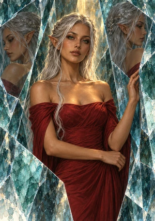 Silver-haired adult elf in a crimson gown among blue and teal faceted panels with contrasting reflected profile views.