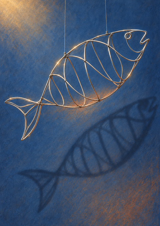 Upward-angled silver wire fish suspended by two threads against blue, casting a large separate shadow below.