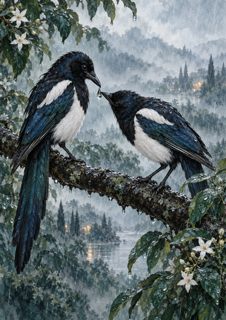 Two black-and-white magpie-like birds touch beaks around a hanging raindrop on a wet branch amid blossoms and mist.
