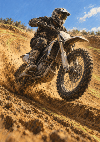 A helmeted dirt-bike rider leans through an ochre sand turn as the raised front wheel and flying dirt dominate the scene.