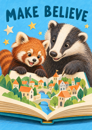 A red panda and badger lean over an open book showing a tiny village beneath paper stars and the heading MAKE BELIEVE.