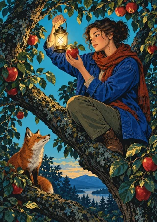 Woman in a blue jacket and rust scarf holds a glowing lantern while inspecting a red apple in a tree; a fox looks up from a lower branch.