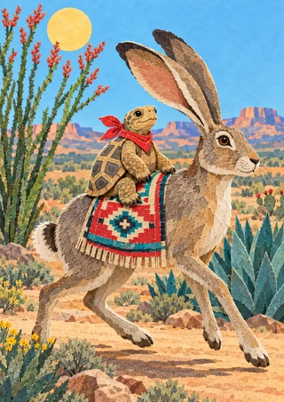A small tortoise in a red scarf rides beneath a patterned blanket on a large jackrabbit, framed by desert plants and mesas.