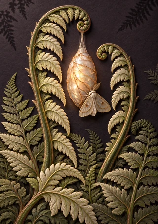 Glowing gold cocoon-like form and small moth framed by curling cream and chartreuse fern fronds on a charcoal-plum ground.