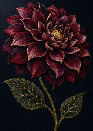 Dark dahlia with layered burgundy and violet petals, gold-toned center, curved stem and two leaves on a near-black ground.