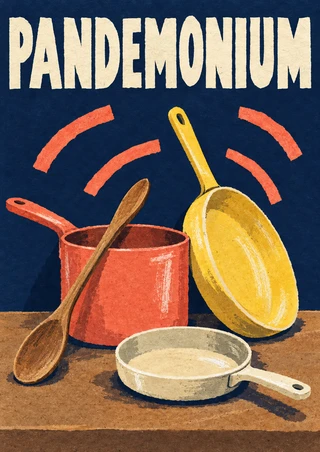 Three colorful pans and a wooden spoon on a brown counter against midnight blue, with the word PANDEMONIUM above and coral arcs suggesting clatter.