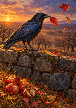 Blue-black crow holding a red autumn leaf on a mossy stone wall above windfall apples, with orchard rows in a copper sunset.